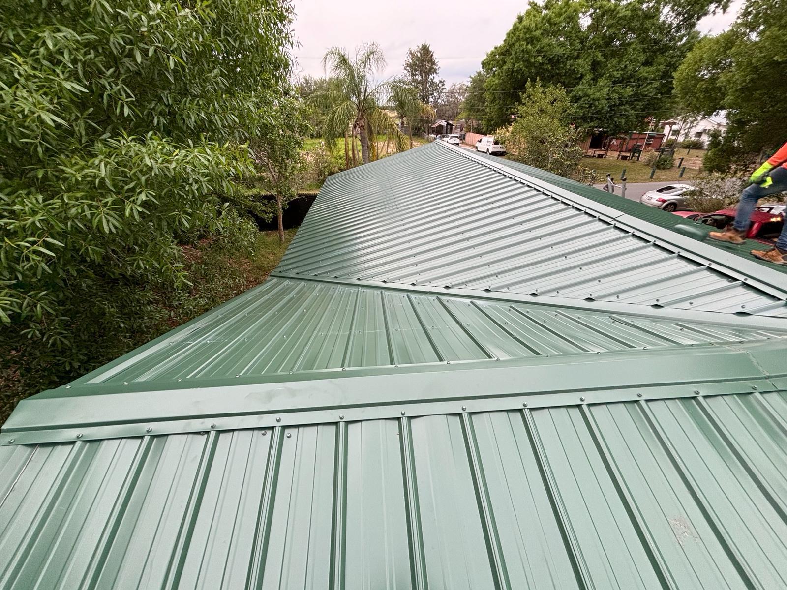 Close-up view of metal roof panels